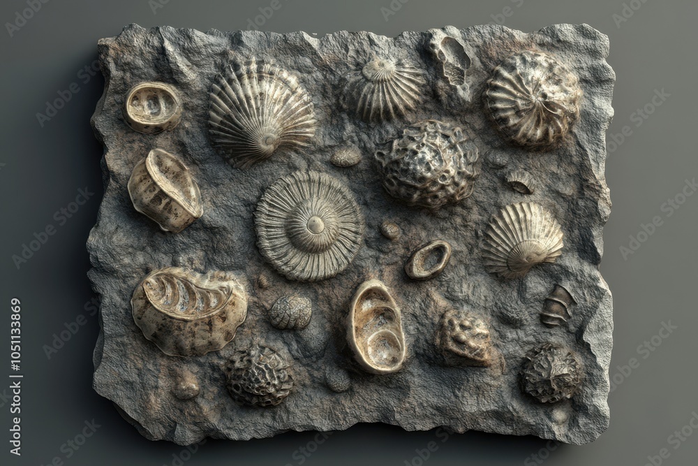 Poster a collection of fossilized shells and rocks are displayed on a gray background
