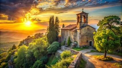 Naklejka premium A solitary church on a hilltop overlooking rolling green hills, bathed in the warm glow of a vibrant sunset.
