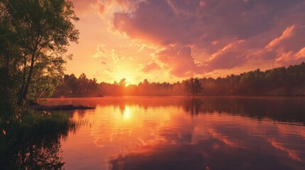 Obraz premium A peaceful river with reflections of trees and a sunset sky, the colors deepening as nightfall approaches.