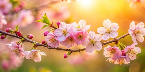 Obraz premium Delicate pink blossoms with soft yellow centers gracefully open against a warm, golden sunset backdrop, showcasing the beauty of nature's awakening.