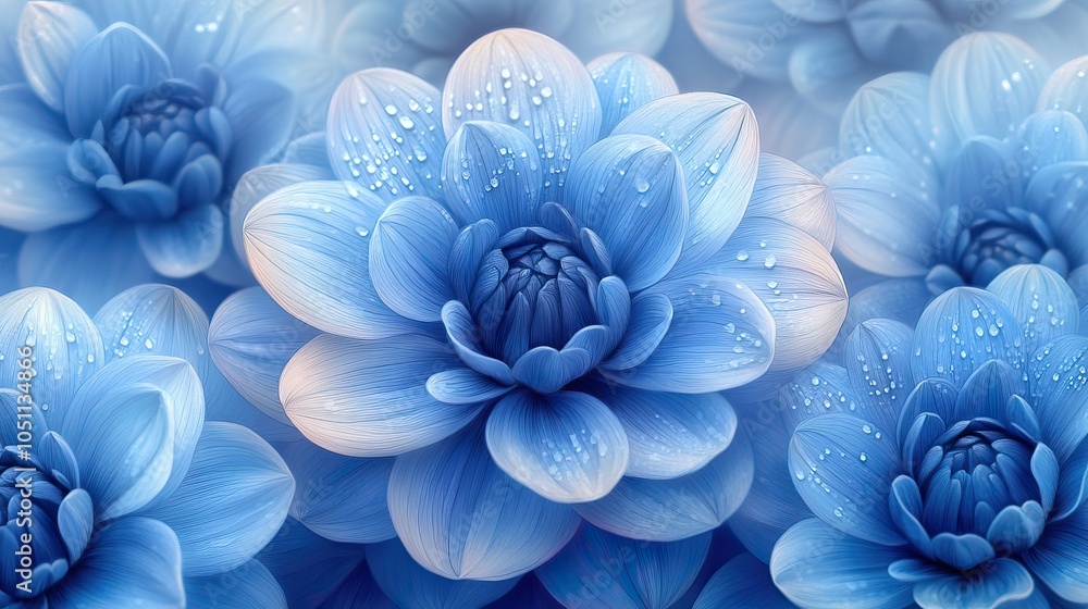 Poster detailed line art drawing of blue dahli flowers, creating calming and delicate pattern.image