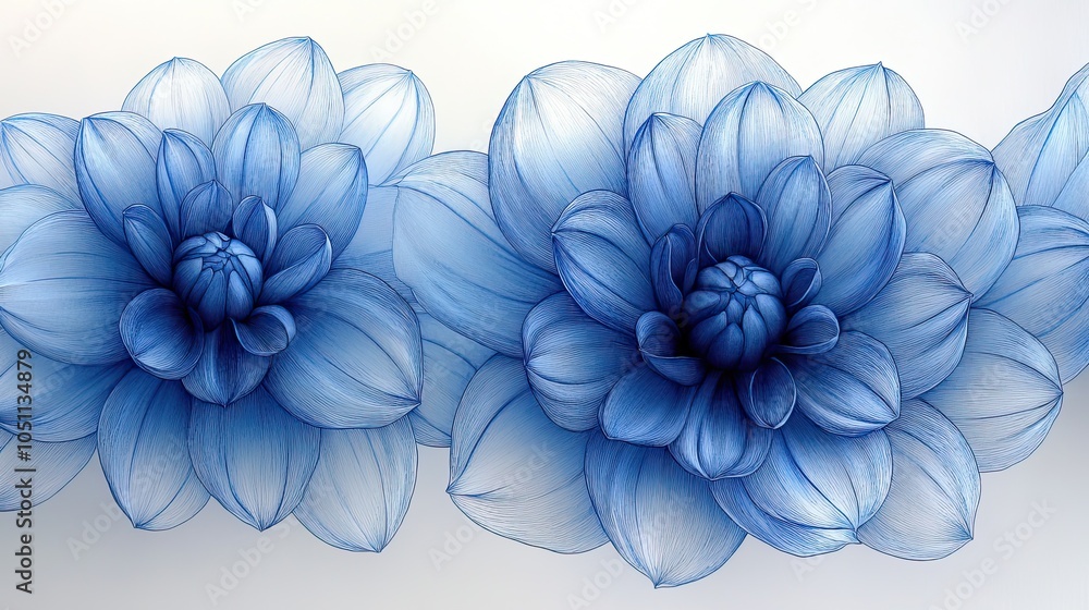 Poster detailed line art drawing of blue dahli flowers, creating calming and delicate pattern.illustration