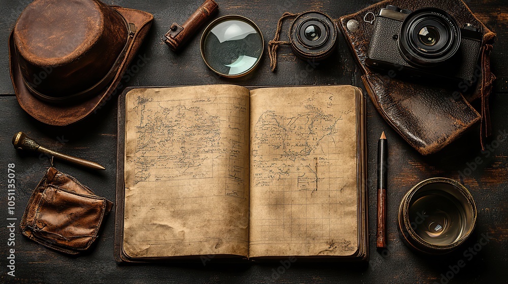 Poster detective-themed game concept features notebook, hat, camera, and magnifier arranged on black table.