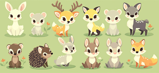 Illustrations of small animals in the forest, including deer, foxes, and rabbits