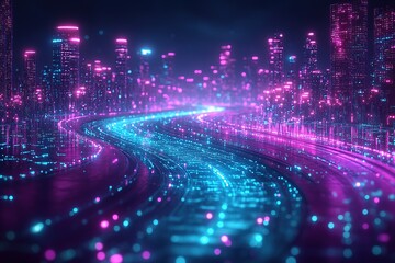 Obraz premium A futuristic city skyline with a glowing blue and purple road leading into the distance.
