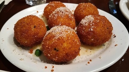 A plate of arancini (fried rice balls) filled with mozzarella and peas, dusted with breadcrumbs, golden and crispy on the outside.