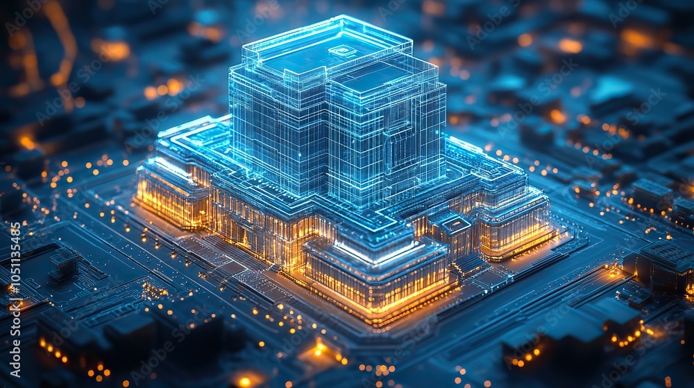 Poster digital blueprint of an office building with blue hues, representing futuristic architectural image