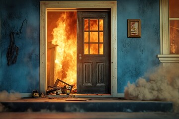 Fototapeta premium A door is open to a room with a fire