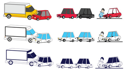 Car Crash Illustrations:  A set of nine diverse cartoon illustrations depicting various car accidents, showcasing different collision scenarios with cars and trucks. Perfect for safety manuals.