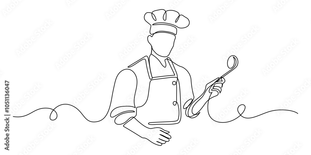 Poster Chef in one continuous line drawing. Cook in uniform working in kitchen in simple linear style. Symbol of food and restaurant in editable stroke. Doodle oneline vector illustration