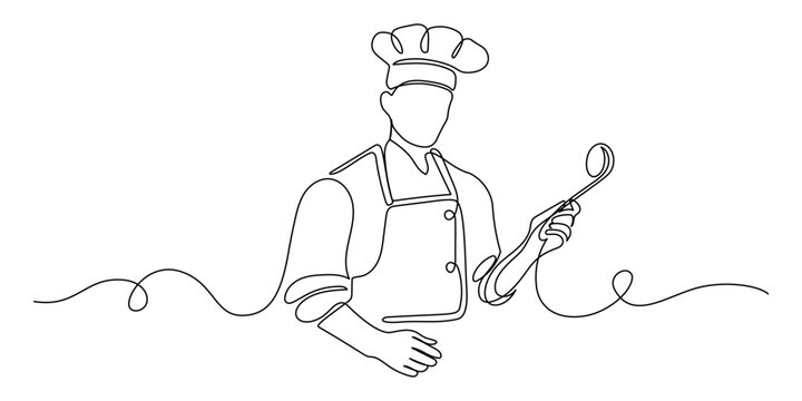 recommend clip art: Chef in one continuous line drawing. Cook in uniform working in kitchen in simple linear style. Symbol of food and restaurant in editable stroke. Doodle oneline vector illustration
