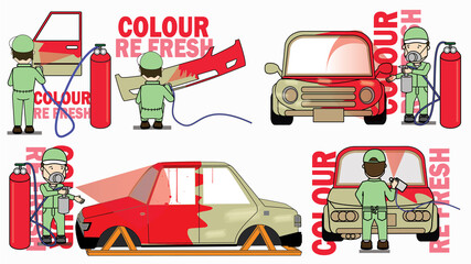 Car Painting Process: A step-by-step guide for a car painting process, illustrated with a set of four vibrant cartoon images featuring a car, a painter, and spray paint cans.