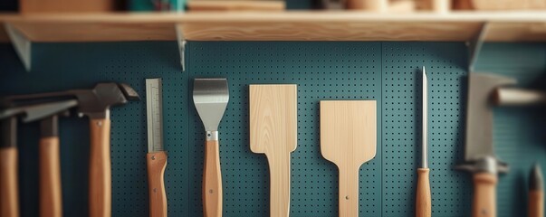 A garage being rearranged, tools and equipment organized on pegboards and shelves in a systematic layout, rearrange, organize, system