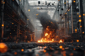 A fire is burning in a factory with smoke and debris
