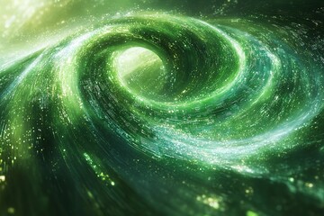 A swirling green vortex with glowing particles in a deep space nebula.