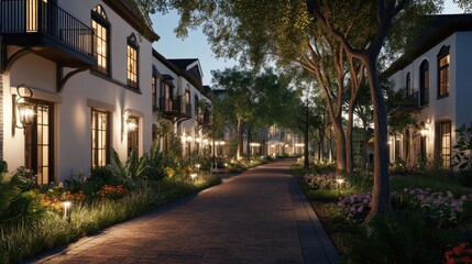Fototapeta premium A quiet street with streetlights illuminating the path as nightfall settles over the neighborhood.