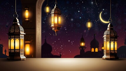 Obraz premium Background design with ramadan theme, with illustrations lanterns