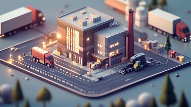This vector isometric icon or infographic element showcases a low poly factory building, warehouse, office, and semi-trucks with trailers - Powered by Adobe
