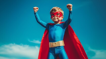 Child in superhero costume striking pose, playful pretend hero stance. AI generated