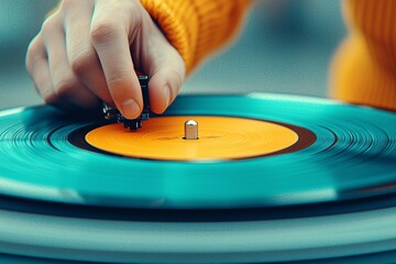 Obraz premium Closeup of Hand Lowering Needle onto Vinyl Record.