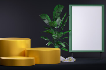 Minimalist Mockup with Gold Podium, Green Plant, and Blank Sign.