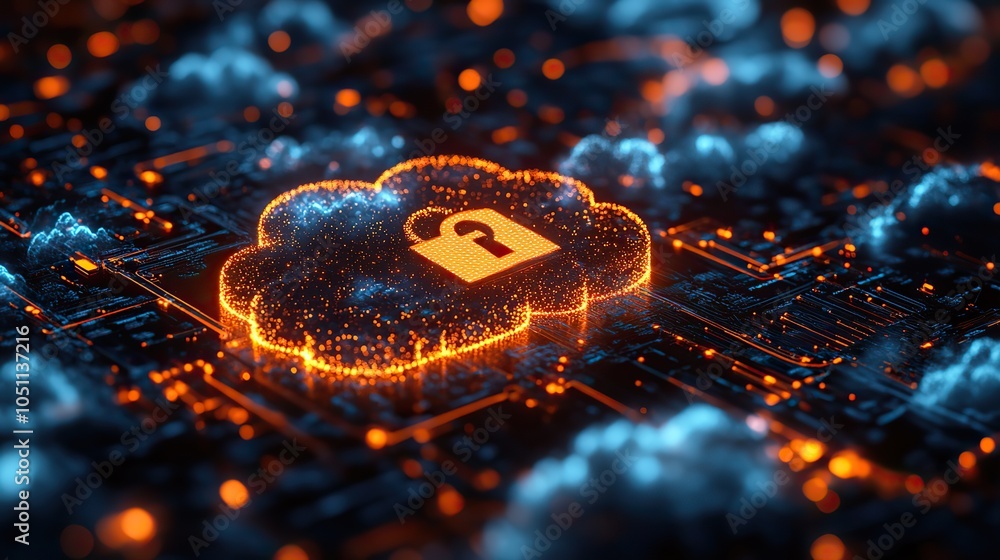 Poster digital cloud security with glowing lines and padlock icon, symbolizing cyber protection.illustratio