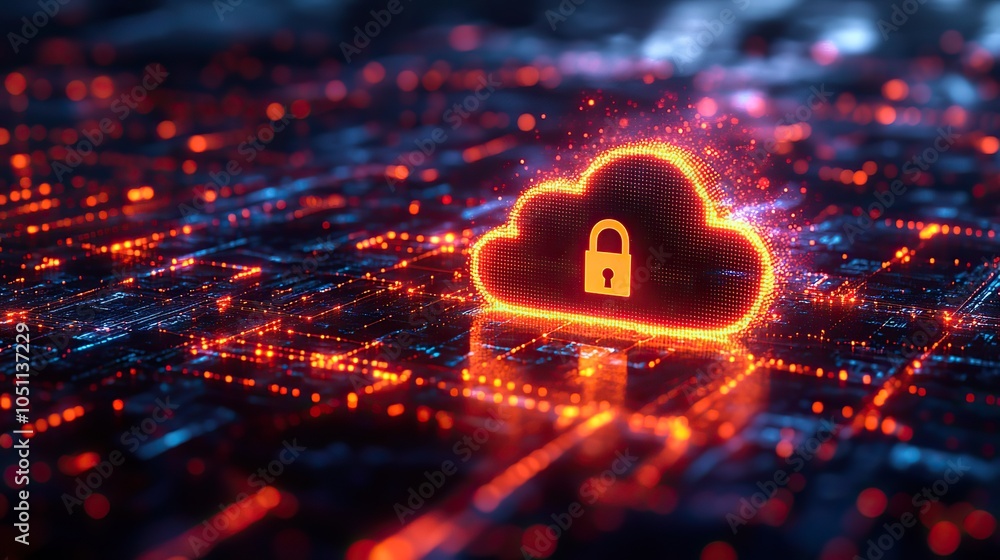 Poster digital cloud security with glowing lines and padlock icon, symbolizing cyber protection.image