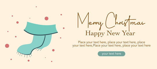 Merry Christmas, Happy New Year, holiday greeting card, modern xmas design with simple art, typography, winter syal and snow illustration on cream background for banner, poster, cover template