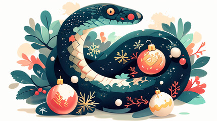 Green snake celebrating chinese new year 2025 with christmas lights