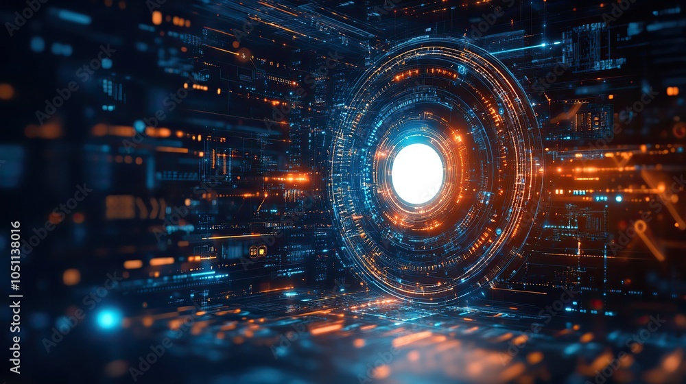 Poster digital technology-themed background with futuristic design elements, including white circle surroun