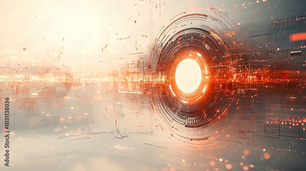 Poster digital technology-themed background with futuristic design elements, including white circle surroun
