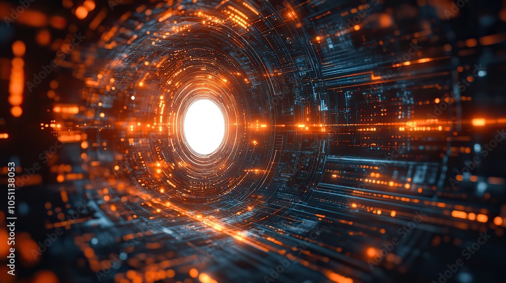 Poster digital technology-themed background with futuristic design elements, including white circle surrounded by arrows and gears.image