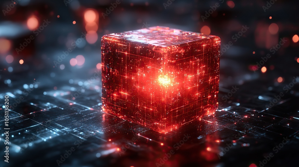 Poster digitally rendered red cube with glowing elements on dark background.