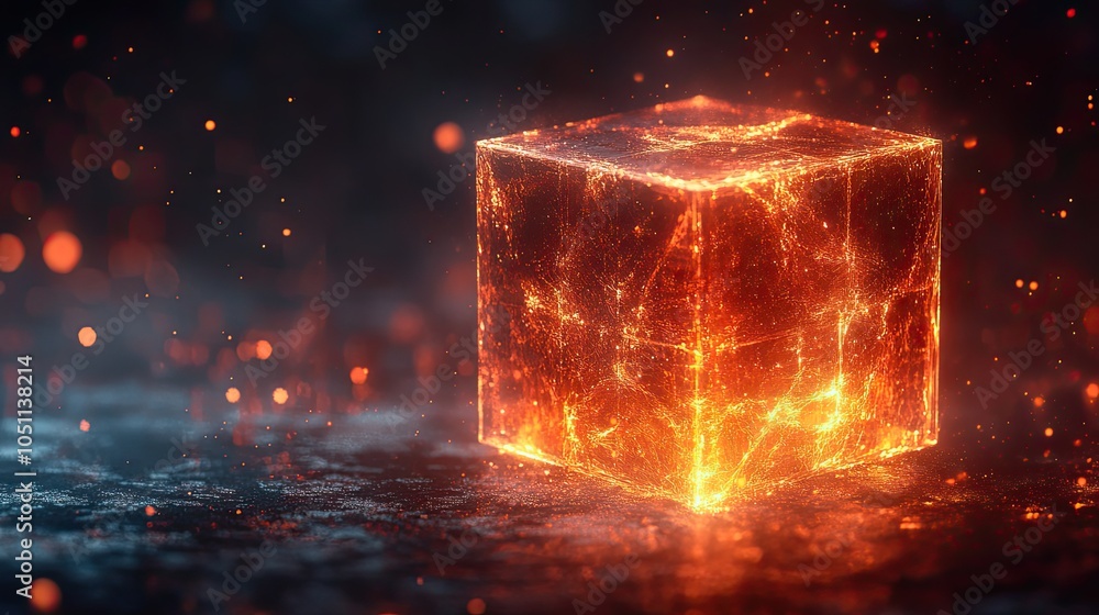 Aufkleber digitally rendered red cube with glowing elements on dark background.illustration