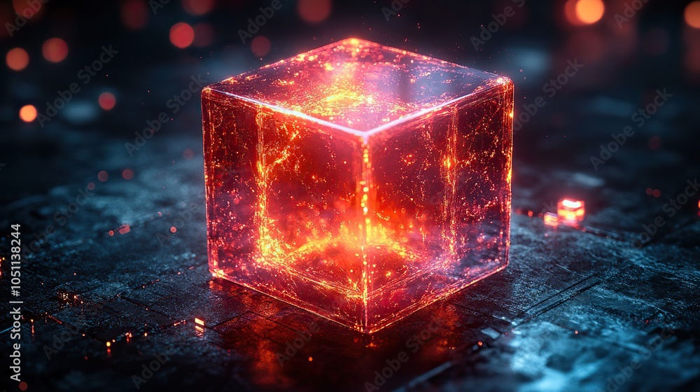 Leinwandbilder digitally rendered red cube with glowing elements on dark background.image