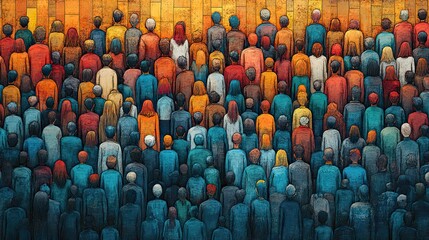 Fototapeta premium diverse crowd illustrated in flat colors and bold outlines, symbolizing community and diversity.illustration