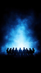 Fototapeta premium group of people silhouetted against blue glowing background, creating mysterious and intriguing atmosphere. scene evokes sense of anticipation and curiosity