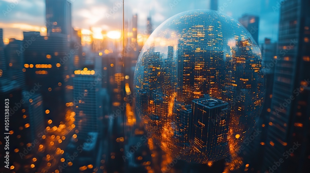 Aufkleber double exposure of the globe and modern office buildings, symbolizing the intersection of business a