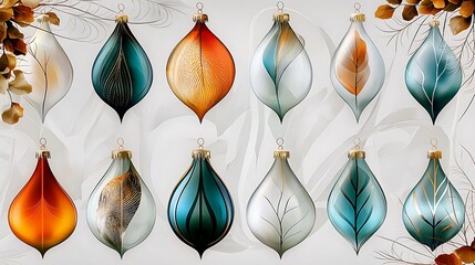 Fototapeta premium Abstract Christmas Ornaments with Gold Leaf and Feather Designs