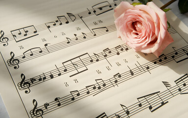 Modern Music Notation Printed on Smooth Paper Next to a Rose
