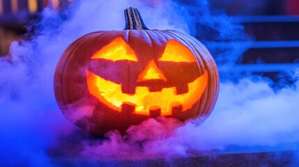 Obraz premium A sinister jack-o-lantern sitting on a fog-covered porch, glowing brightly in the Halloween night.