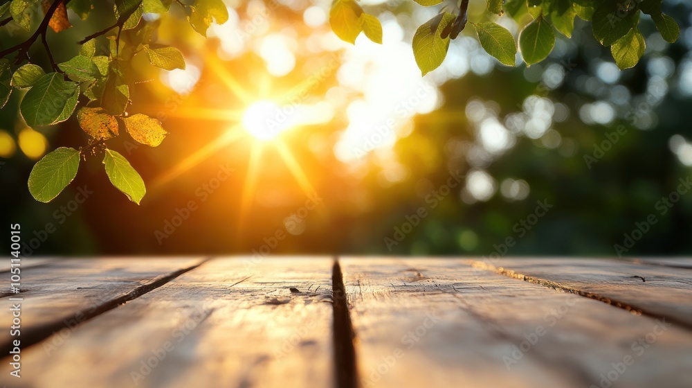 Aufkleber the empty wooden table radiates warmth as soft sunlight glimmers through a lush bokeh background, cr