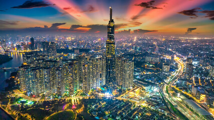 Fototapeta premium Panoramic of Ho Chi Minh city or Saigon city at sunset in Vietnam.