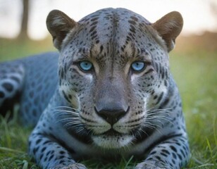 Naklejka premium blue jaguar with blue eyes is in the grass.