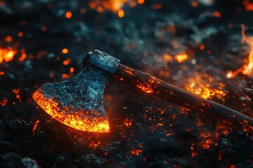 Fototapeta premium A large, black and red axe is surrounded by a pile of burning wood