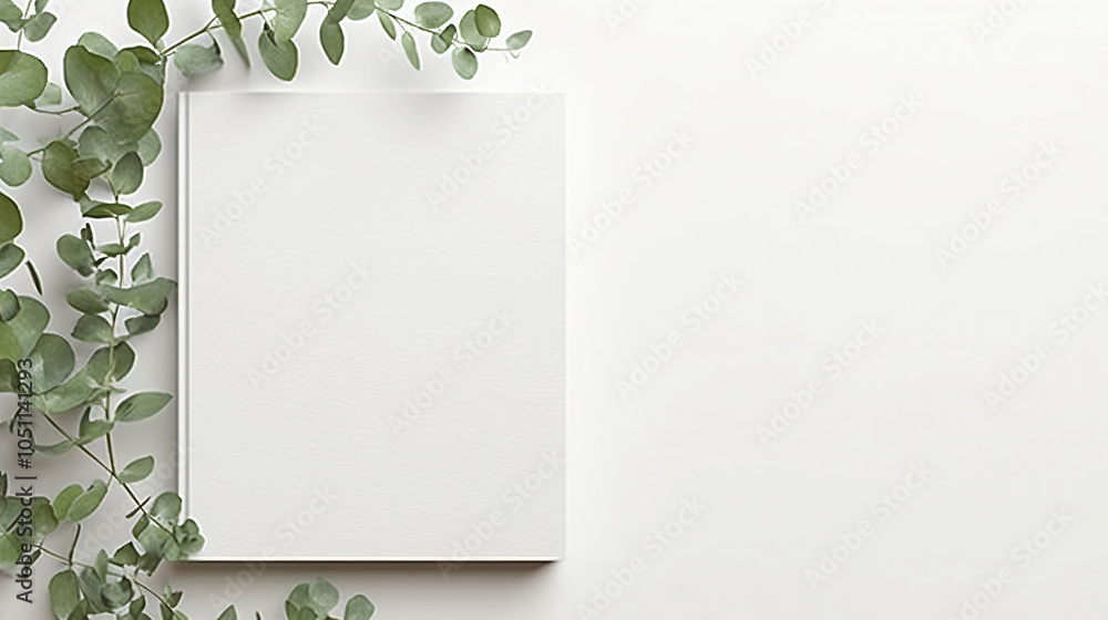 Poster a minimalistic layout featuring a blank notebook surrounded by green eucalyptus leaves, creating a f