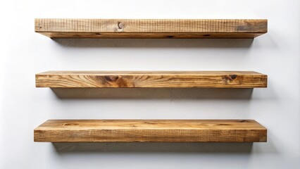 Obraz premium Rustic Wooden Shelves Set Against a Simple White Wall, Offering a Blank Canvas for Display