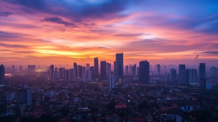 Fototapeta premium City skyline dawn silhouetted skyscrapers rising overlapping high-rise architecture. AI generated