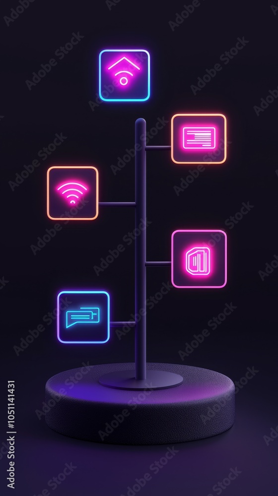 Poster futuristic 3d technology timeline with floating icons gradient colors and dynamic shadows illustrati