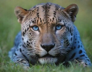 Fototapeta premium blue jaguar with blue eyes is in the grass.